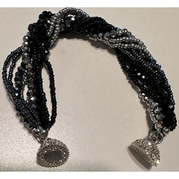 Multi Strand Bracelet Black Silver Tone Twist Beaded Magnetic Clasp Elegant - Picture 2 of 5